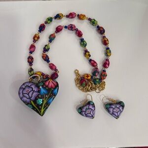 Hand-Painted Floral Heart Necklace & Earrings Set - Multicolor